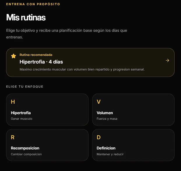 Vista real del portal: Mis rutinas, con enfoques de hipertrofia, volumen, recomposición y definición