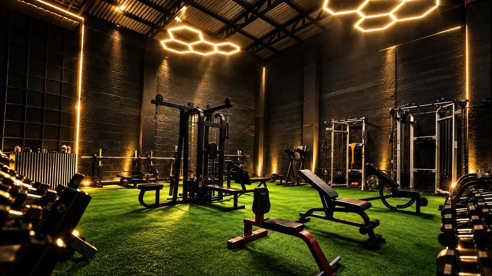 Sala de ONEX Club con luces hexagonales, césped verde, máquinas y mancuernas